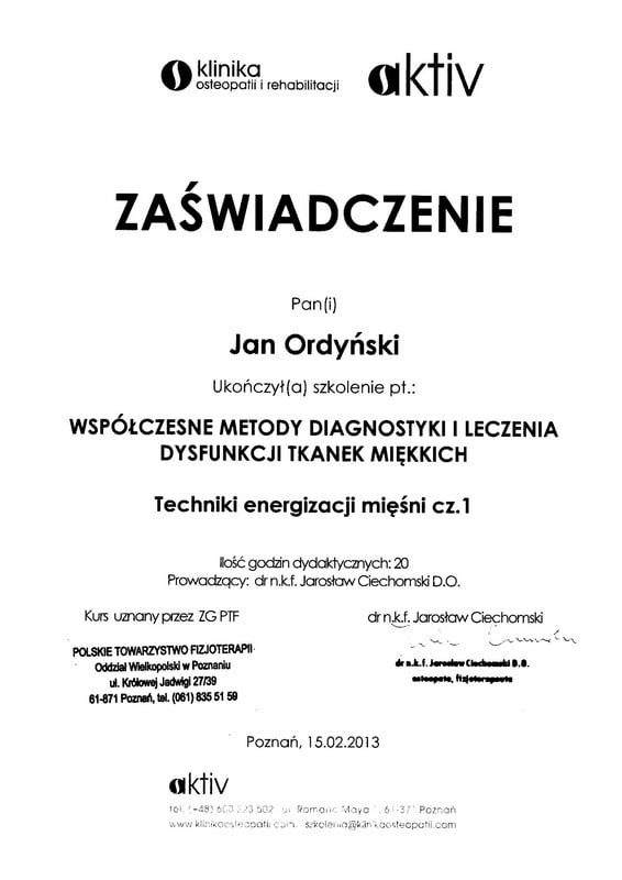 Jan Ordyński Centrum Rehabilitacji SOMA Warszawa Włochy fizjoterapia