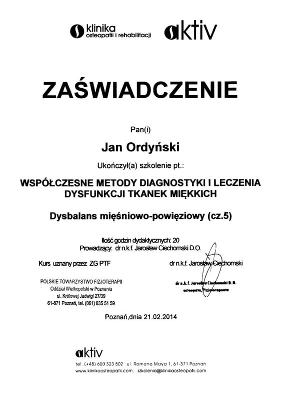 Jan Ordyński Centrum Rehabilitacji SOMA Warszawa Włochy fizjoterapia